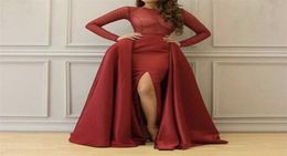 Fashion Burgundy O Neck Lace Long Sleeve Evenign Gowns Side Slit Hand Beading Mermaid Prom Dresses with Overskirt8704528