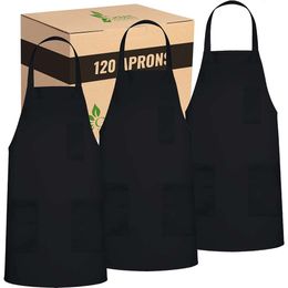 120 Pack Black Bib Aprons - Unisex Machine Washable Aprons for Kitchen Cooking and BBQ - Bulk Set for Men and Women (No Pockets)