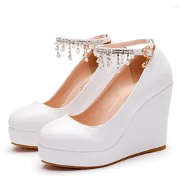 Dress Shoes 11cm White Round Head Water Table Pearl Beaded Flowing Su Slope Heel Large High Heels Single For Women