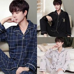 Spring And Summer Cotton Mens Pajamas LongSleeved Trousers Boys Suit Teenagers Casual Homewear 240428