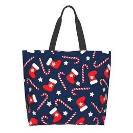 Shopping Bags Christmas Extra Large Grocery Bag Xmas Socks Stars And Candy Canes Reusable Tote Travel Storage Shoulder