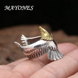 MAYONES S925 Sterling Silver Jewelry Retro Thai Domineering Golden eEagle Head Personalized Flying Eagle Ring Mens 240420