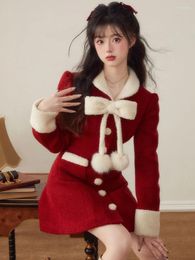 Casual Dresses Christmas Woollen Dress Women Plush Patchwork Bow Lapel College Fashion Celebrity Warm Single Breasted Winter Female Slim