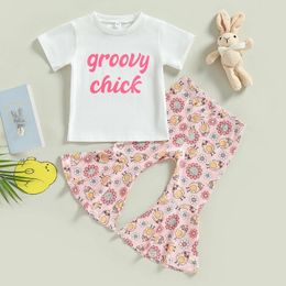 Clothing Sets CitgeeSummer Easter Toddler Kids Girls Clothes Set Letter Print Short Sleeve T-Shirts And Flowers Flare Pants 2Pcs Suit