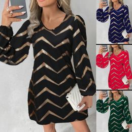 Casual Dresses Women's Striped Printed Long-Sleeved Mini Dress Elegant U-Neck Puff Sleeve Beautiful And Sexy Autumn Winter