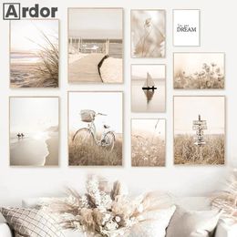 Beige Landscape Canvas Painting Beach Wall Poster Bike Art Prints Flower Pictures Grass Print Nordic Posters Bedroom Decor 240426