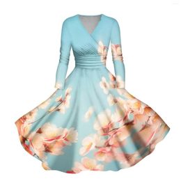 Casual Dresses Elegant Fashion Chic Dress For Women Long Sleeve V Neck Floral Print Vestidos Ladies Waist Robe Femme 2024