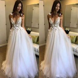 Beach Dresses Boho 2020 Wedding Berta A-Line Deep V-Neck Backless 3D Applique Beaded Flowers Floor Length Tulle Bridal Gowns