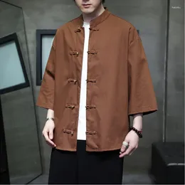 Ethnic Clothing Men's Chinese Style Shirts Traditional Tai Chi Cotton Linen Tang Suit Five-sleeve Uniform Mens Summer Solid Color