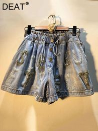 Women's Jeans Women Denim Shorts Beaded Letters Diamonds High Stretch Waist Wide Leg Light Blue Short Pants 2024 Summer Fashion 29L29