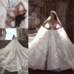 Wedding Gown Dubai Ball Arabic Dresses 2019 Illusion Long Sleeves Flowers Full Beading Crystal Cathedral Train Bridal Gowns s