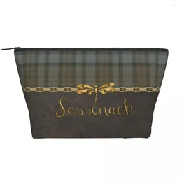 Cosmetic Bags Leather And Tartan Sassenach Pattern Makeup Bag Women Travel Organiser Dragonfly Outlander Storage Toiletry