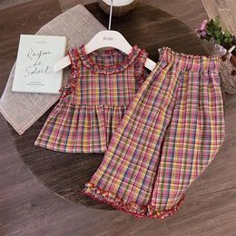 Clothing Sets 2024 Korean Children Kids Set Girls Summer Colorful Plaid Vest Top Wide Leg Pants Trousers Outfits Sale