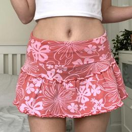 Skirts Vintage Floral Ruffles High Waisted Cute A Line Mini Skirt Women Y2k Aesthetic Summer Casual Pink Short Tennis 90s