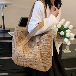 Straw Braided Bag Hand-woven Simple Handbag Holiday Beach Shoulder Bag Casual Trend Women Large Capacity Tote Shopping Bags 240419