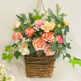 Decorative Flowers Long-lasting Flower Basket Realistic Artificial Hanging With Lanyard Vibrant Colour Simulation Rose Peony For 3