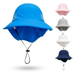 20pcs/lot Infant Outdoor Bucket Hat Kids Solid Color Mesh Sun Cap with Chin Strap for Boys Girls