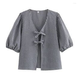 Women's Blouses YENKYE Bow Lace Up Plaid Shirt Women Vintage Puff Sleeve V Neck Female Summer Blouse Casual Tops Rope De Mujer