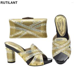 Dress Shoes Italian Ladies Shoe And Bag Set Decorated With Rhinestone Nigerian Gold Color