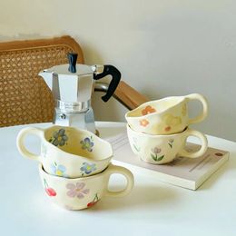 Ceramic Mugs Coffee Cups Hand Pinched Irregular Flower Milk Tea Cup ins korean style Oatmeal Breakfast Mug Drinkware Kitchen y240507