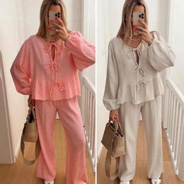 Women's Two Piece Pants Elegant Shirts Sets For Women 2 Pieces Solid Long Sleeve O-neck Lace Up Shirt Loose Trousers Set 2024 Spring Casual