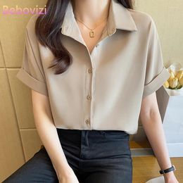 Women's Blouses 2024 Summer Fashion Womens Solid Color Short Sleeve Blouse Tops Loose Korean Style Polo Collar Shirt