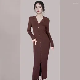 Casual Dresses Temperament Women Notched Collar Slim Knitted Sweater Dress Fall Winter Single Breasted Long Sleeve Bodycon Split Midi