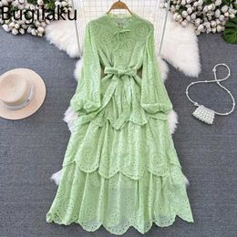 Casual Dresses Bugilaku Spring Fashion Sweet Dress Women Stand Collar Long Sleeve Slim Waist Female Solid Color Hollow Out Robe Femme