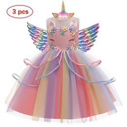 Girl Unicorn Dress Children Party Birthday Princess Costume Sleeveless Trailing Wedding Christmas Outfit Kids Girl Clothing 240417