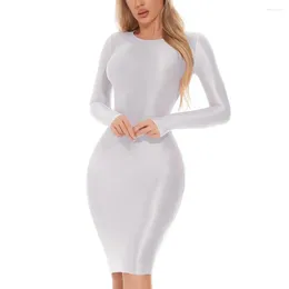 Women's Sleepwear Female Bodycon Dress Quick-drying Solid Color Tights Club Glossy Lingerie Long Sleeve Nightwear O Neck Daily Home