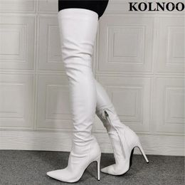 Boots Kolnoo Classic Ladies Stiletto Heel Thigh-High Wedding Party Prom White Faux Leather Over Knee Fashion Shoes