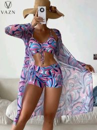 Suits VAZN 2023 Summer Young Sexy Beach Retro Holiday 2 Piece Bikini Top + Long Full Sleeve Open Stitch Clock Slim Women 3 Piece Set