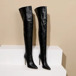 Boots Pointed Toe Super High Thin Heel Sexy Women's Knee Comfortable Leather Plush Lining 2024 Winter Long Tube