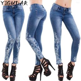 Women's Jeans Stretch Embroidered For Women Elastic Flower Female Slim Denim Pants Pattern Pantalon Femme Blue