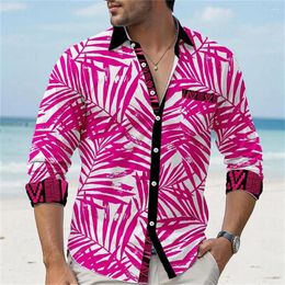 Men's Casual Shirts Summer Hawaiian Vacation Shirt Fashion Leaf 3D Print Polo Collar Long Sleeved Cardigan Button Plus Size 2024