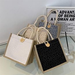 Shopping Bags Linen Button Zipper Handbag Gift Packing Bag Flower Pattern Large Grocery Women Beach Tote Portable Lunch