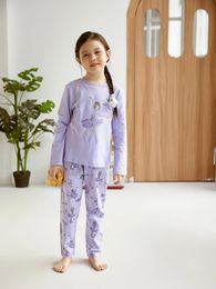 girls Cute Print Crew Neck Top Long Sleeve Pants Pyjama Set 240418
