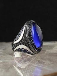 Wedding Rings Retro Handmade Turkish Signet For Men Women Ancient Silver Color Carved Ring Inlaid Blue Zircon Punk Motor Biker1034972