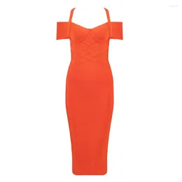 Casual Dresses 2024 Trendy Drak Orange Midi Dress Sexy V-Neck Sleeveless Celebrity Party Fashion Wholesale Bandage Vestido