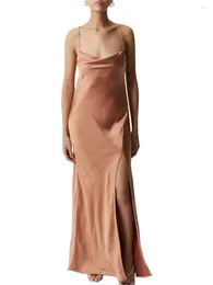 Casual Dresses Elegant V-Neck Lace Trimmed Satin Maxi Dress With Adjustable Spaghetti Straps And High Slit - Perfect For Parties Special