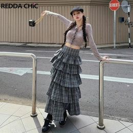 Skirts REDDACHiC Low Rise Tartan Long Skirt Women Grey Plaid Tiered Ruffle Kawaii Lolita Gothic Puffy Cake Y2k Vintage Clothes