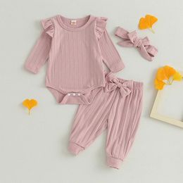 Clothing Sets Cute Lovely Baby Girls Jumpsuits Clothes Set Solid Colour Ruffle Long Sleeves Romper Bowknot Pants Headband 3PCS Kids Outfits