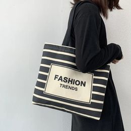 Shopping Bags Women Shoulder Canvas Bag Female Cotton Cloth Fasihon Stripe Print Eco Handbag Zipper Reusable Grocery Shopper