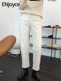 Women's Jeans ENjoyce Winter Women High Waist White Vintage Slim Fitted Denim Pants Korean Ladies Workwear Outfits Warm Trousers