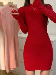 Casual Dresses Korejepo American Red Knitted Dress Autumn French Hip Wrap Girls Wear 2024 Gentle Winter Vestido