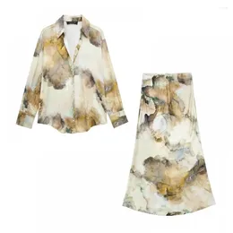 Women's Blouses Women Tie Dyed Print Skirt Vintage Lapel Long Sleeve Button Blouse Top & Elegant High Waist Sets 2024 Summer