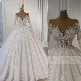 Wedding Bling Dresses Gown Ball Bridal Gowns Lace Appliques Jewel Neck Long Sleeves Illusion Crystal Beading Floor Length Vestidos De Novia Plus Size s