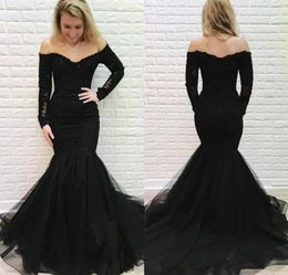 Party Dresses Vintage V-Neck Long Sleeve Mermaid Evening Lace Black Floor Length Zipper Abendkleider Formal Dress For Women