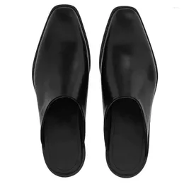 Slippers Closed Square Toe Cow Leather Men Mules Shoes Slip On Hollow Cutouts Mens Flat Sandals Black Size 46