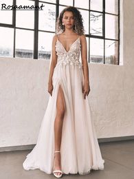 Romantic Spaghetti Straps Illusion Back A-Line Wedding Dresses High Split 3D Flowers Appliques Lace Bridal Gowns Robe De Mariee